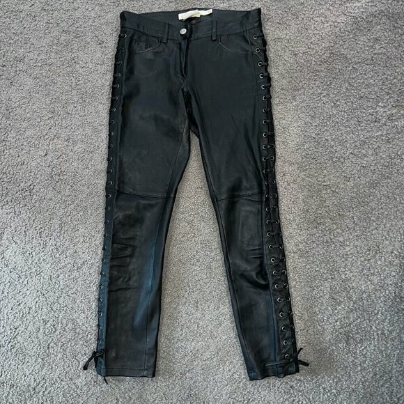 ISABEL MARANT X H&M BLACK NAPPA LEATHER LACE UP LEG MOTO TROUSER PANT EUC  2 - Picture 2 of 14